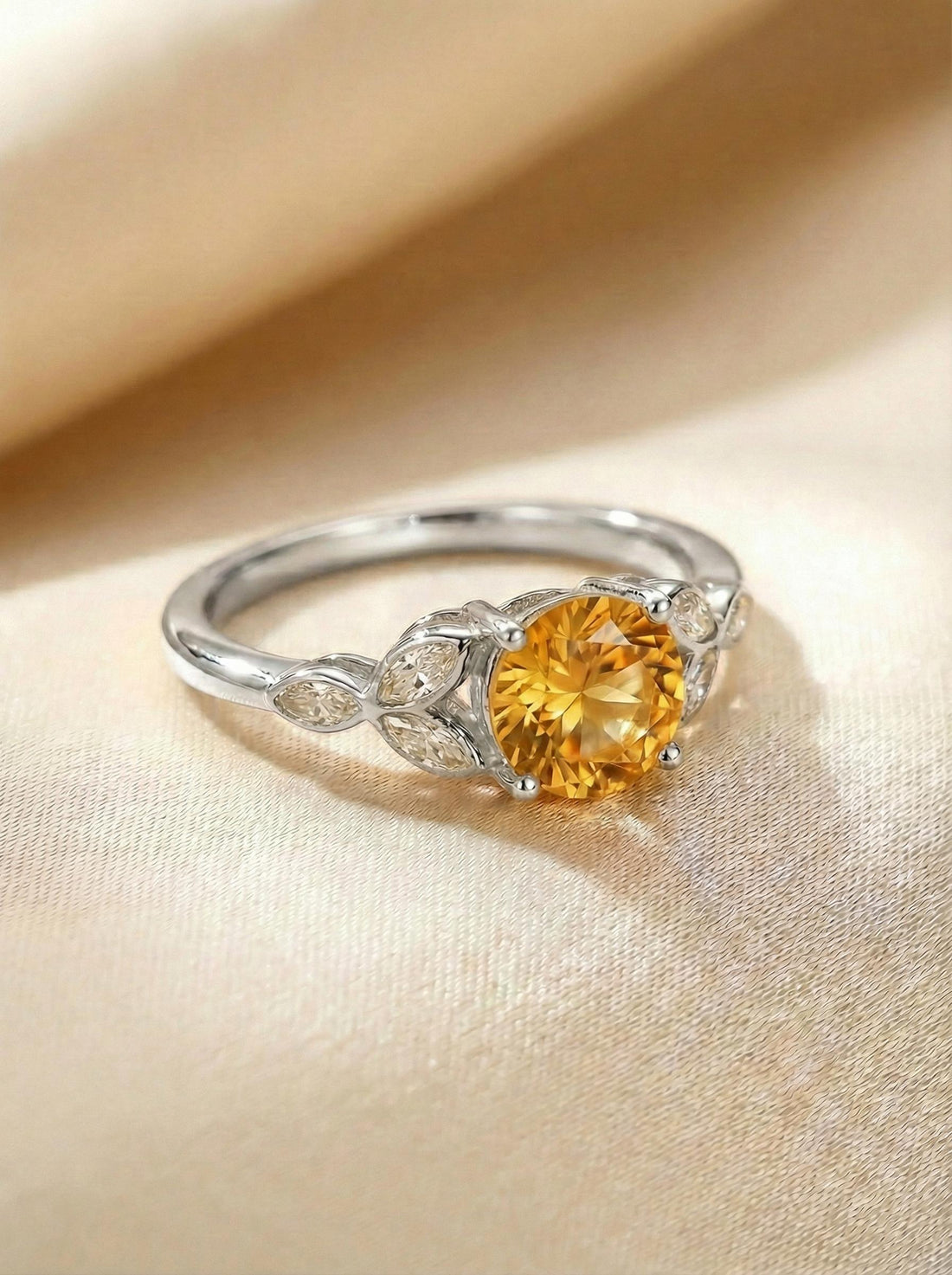 Art Deco Citrine Cluster Engagement Ring, November Birthstone Ring, Round Citrine and Marquise Anniversary Ring, Bridal Promise Ring
