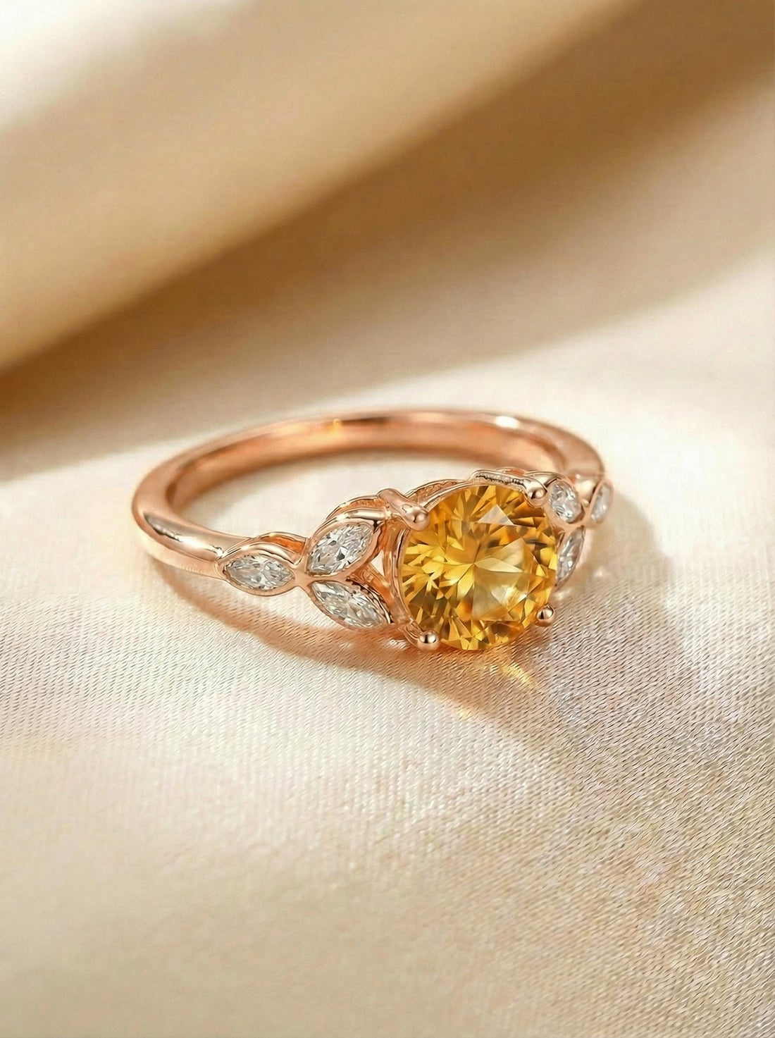 Art Deco Citrine Cluster Engagement Ring, November Birthstone Ring, Round Citrine and Marquise Anniversary Ring, Bridal Promise Ring