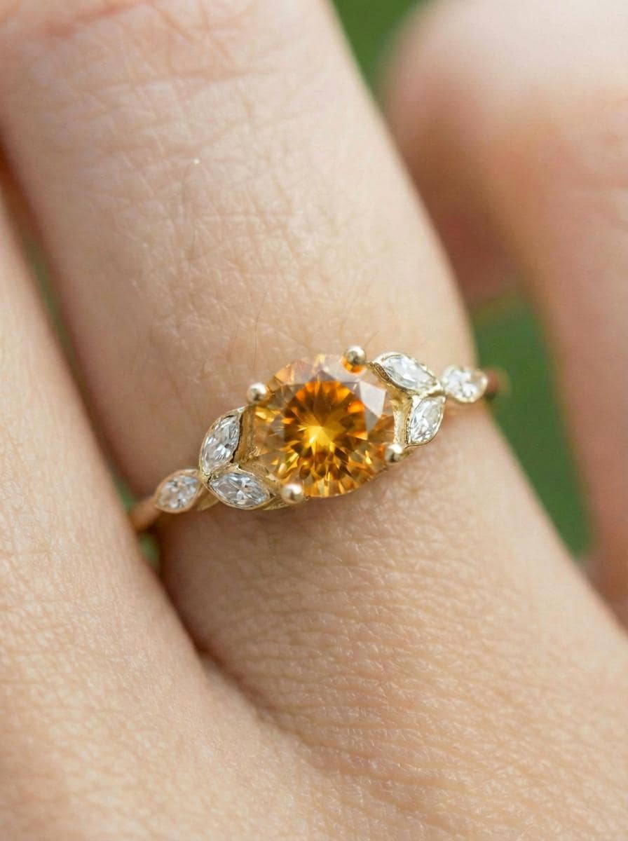 Art Deco Citrine Cluster Engagement Ring, November Birthstone Ring, Round Citrine and Marquise Anniversary Ring, Bridal Promise Ring