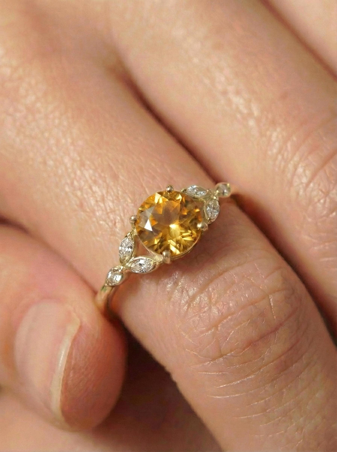 Art Deco Citrine Cluster Engagement Ring, November Birthstone Ring, Round Citrine and Marquise Anniversary Ring, Bridal Promise Ring