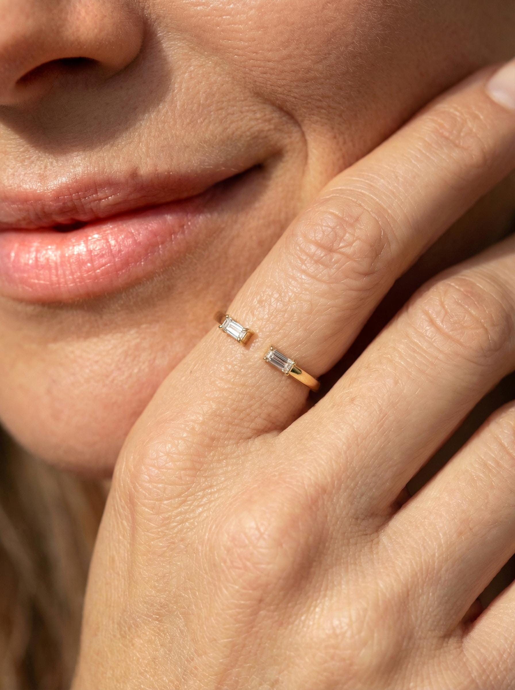 Baguette Diamond Open Ring | 14K Gold Minimalist Cuff Ring | Stackable Fine Jewelry | Modern Everyday Ring Gift for Her