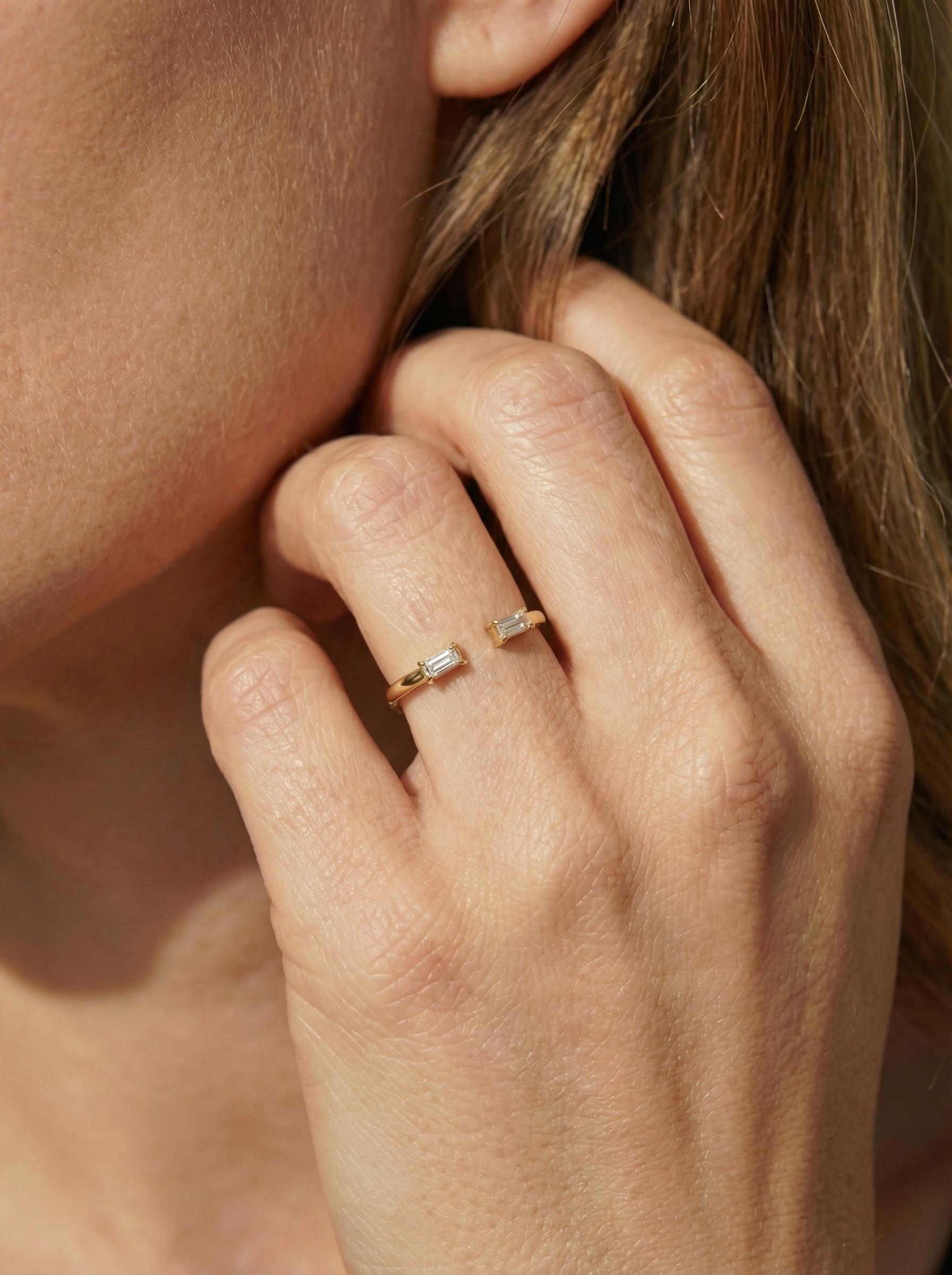 Baguette Diamond Open Ring | 14K Gold Minimalist Cuff Ring | Stackable Fine Jewelry | Modern Everyday Ring Gift for Her