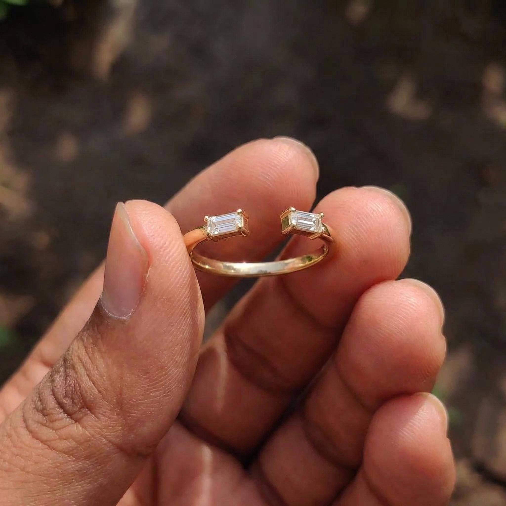 Baguette Diamond Open Ring | 14K Gold Minimalist Cuff Ring | Stackable Fine Jewelry | Modern Everyday Ring Gift for Her