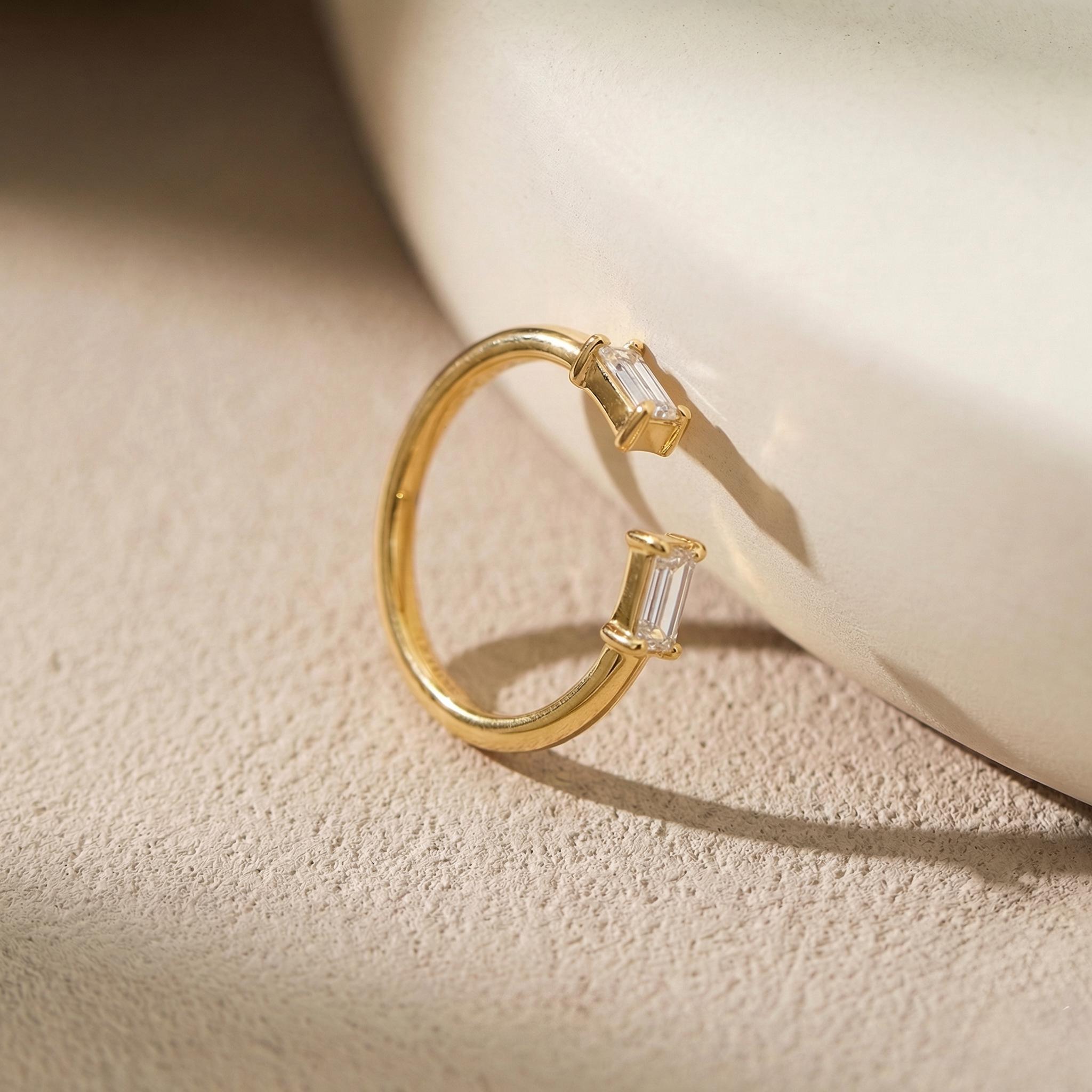 Baguette Diamond Open Ring | 14K Gold Minimalist Cuff Ring | Stackable Fine Jewelry | Modern Everyday Ring Gift for Her