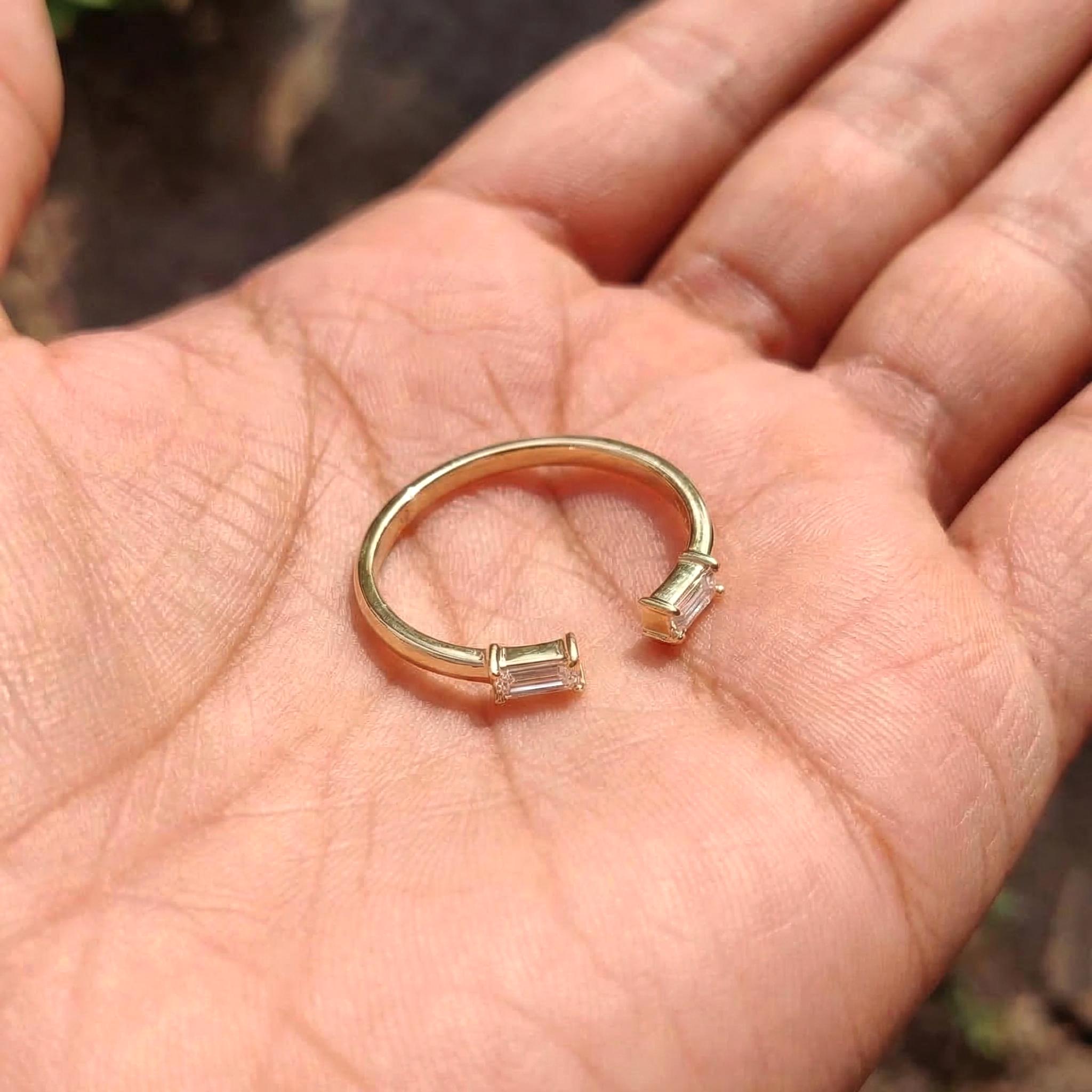 Baguette Diamond Open Ring | 14K Gold Minimalist Cuff Ring | Stackable Fine Jewelry | Modern Everyday Ring Gift for Her