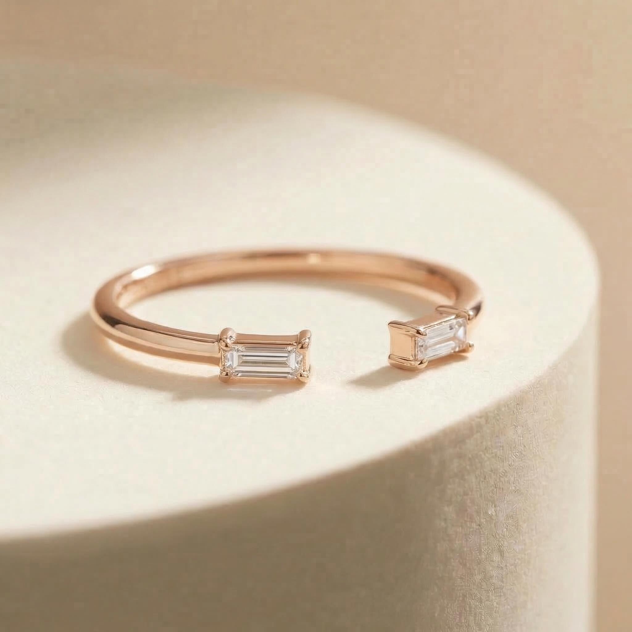 Baguette Diamond Open Ring | 14K Gold Minimalist Cuff Ring | Stackable Fine Jewelry | Modern Everyday Ring Gift for Her
