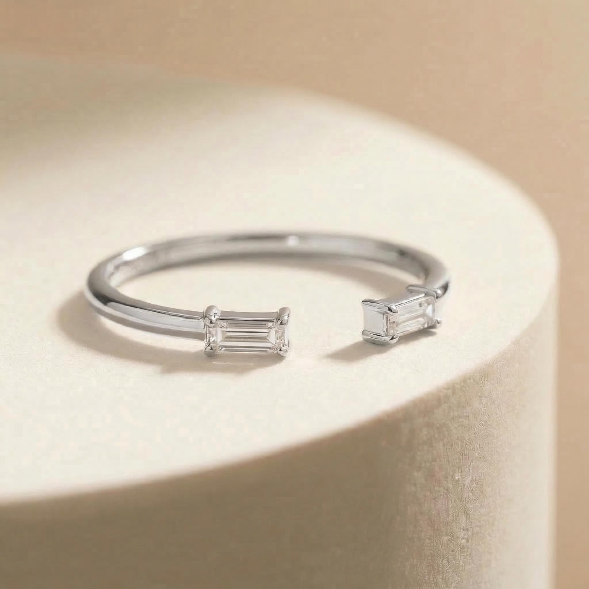 Baguette Diamond Open Ring | 14K Gold Minimalist Cuff Ring | Stackable Fine Jewelry | Modern Everyday Ring Gift for Her