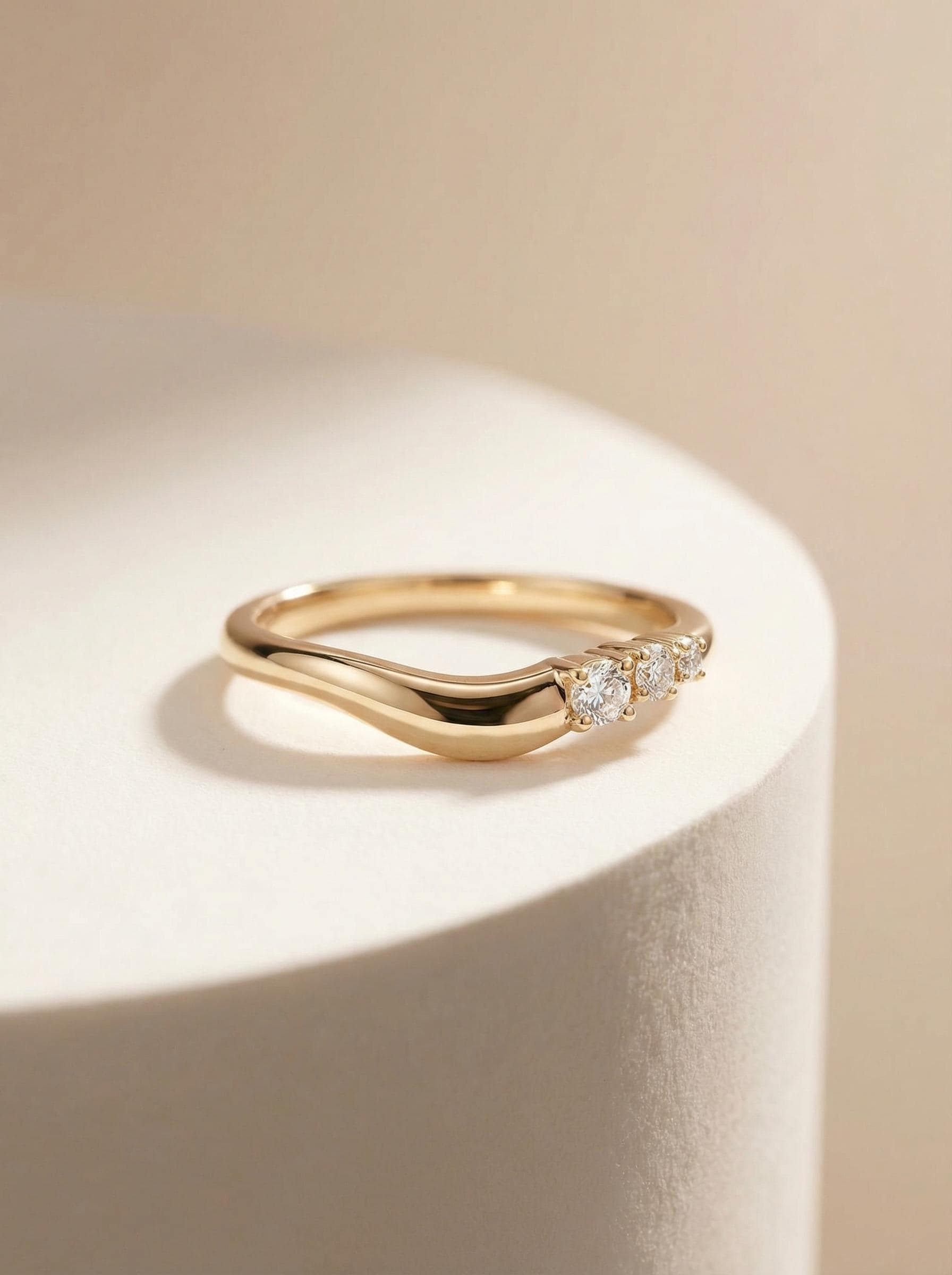 Unique Moissanite Curved Wedding Band, Solid Gold Round Cut Stacking Ring, Personalized Matching Eve Ring for Women, Minimalist Jewelry