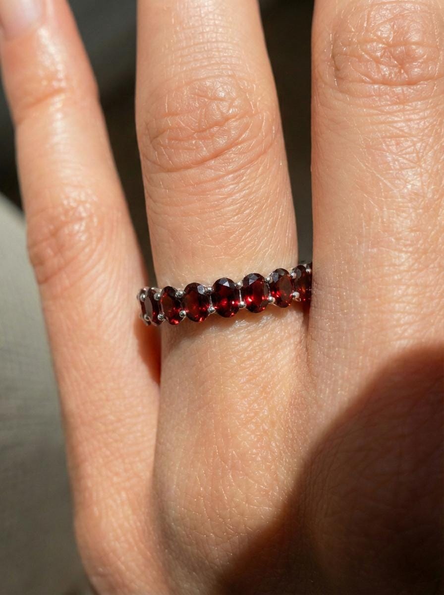 2.1CT Oval Garnet Wedding Band, Shared Prong Garnet Ring, Almost Eternity Ring, Classic Stackable January Birthstone Band