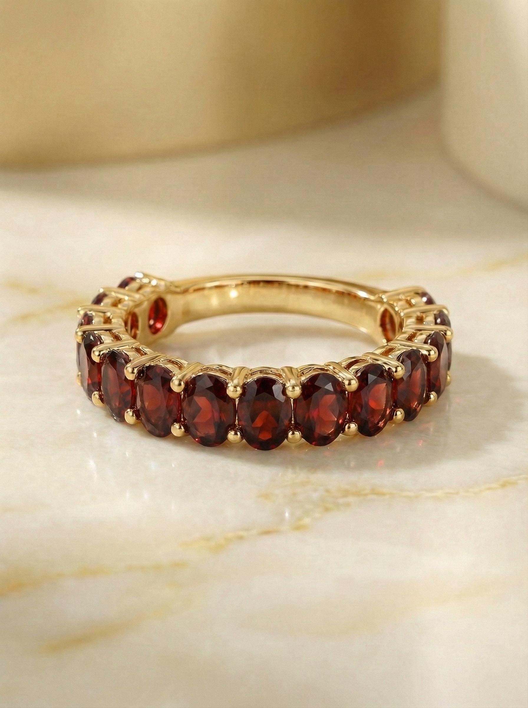 2.1CT Oval Garnet Wedding Band, Shared Prong Garnet Ring, Almost Eternity Ring, Classic Stackable January Birthstone Band