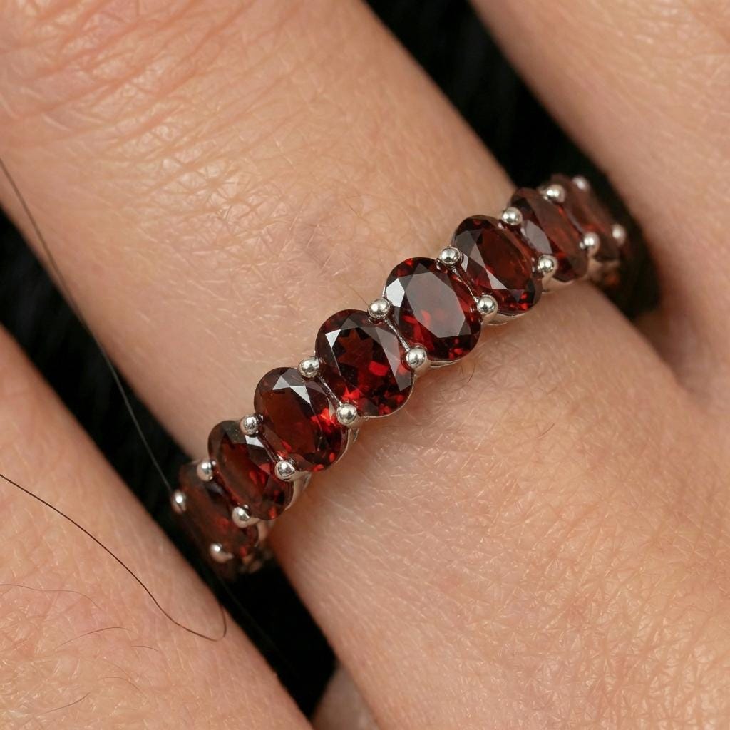 2.1CT Oval Garnet Wedding Band, Shared Prong Garnet Ring, Almost Eternity Ring, Classic Stackable January Birthstone Band