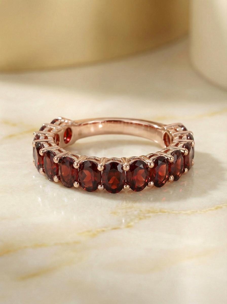 2.1CT Oval Garnet Wedding Band, Shared Prong Garnet Ring, Almost Eternity Ring, Classic Stackable January Birthstone Band