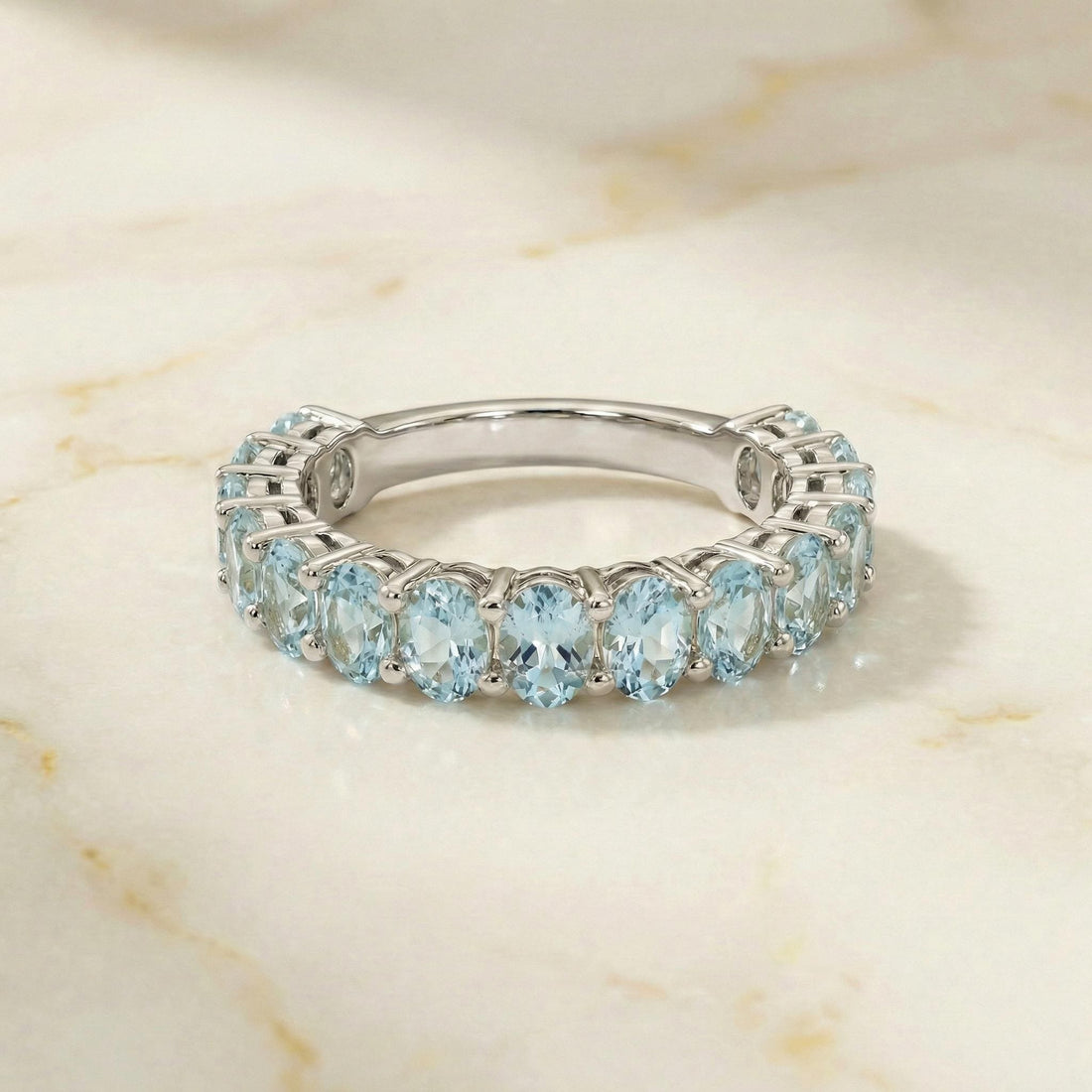2.1CT Oval Aquamarine Wedding Band, Shared Prong Aquamarine Ring, Almost Eternity Ring, Classic Stackable March Birthstone Band
