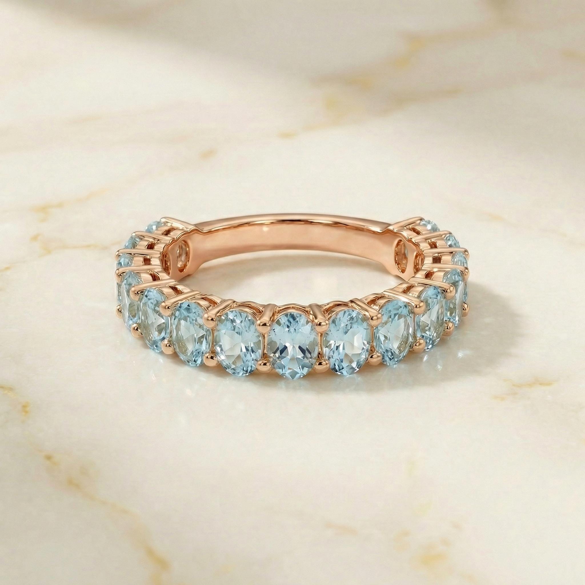2.1CT Oval Aquamarine Wedding Band, Shared Prong Aquamarine Ring, Almost Eternity Ring, Classic Stackable March Birthstone Band