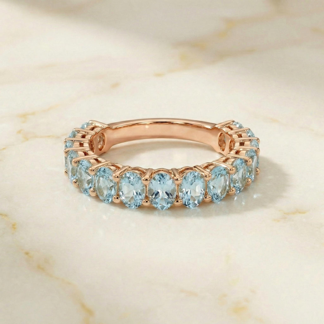 2.1CT Oval Aquamarine Wedding Band, Shared Prong Aquamarine Ring, Almost Eternity Ring, Classic Stackable March Birthstone Band