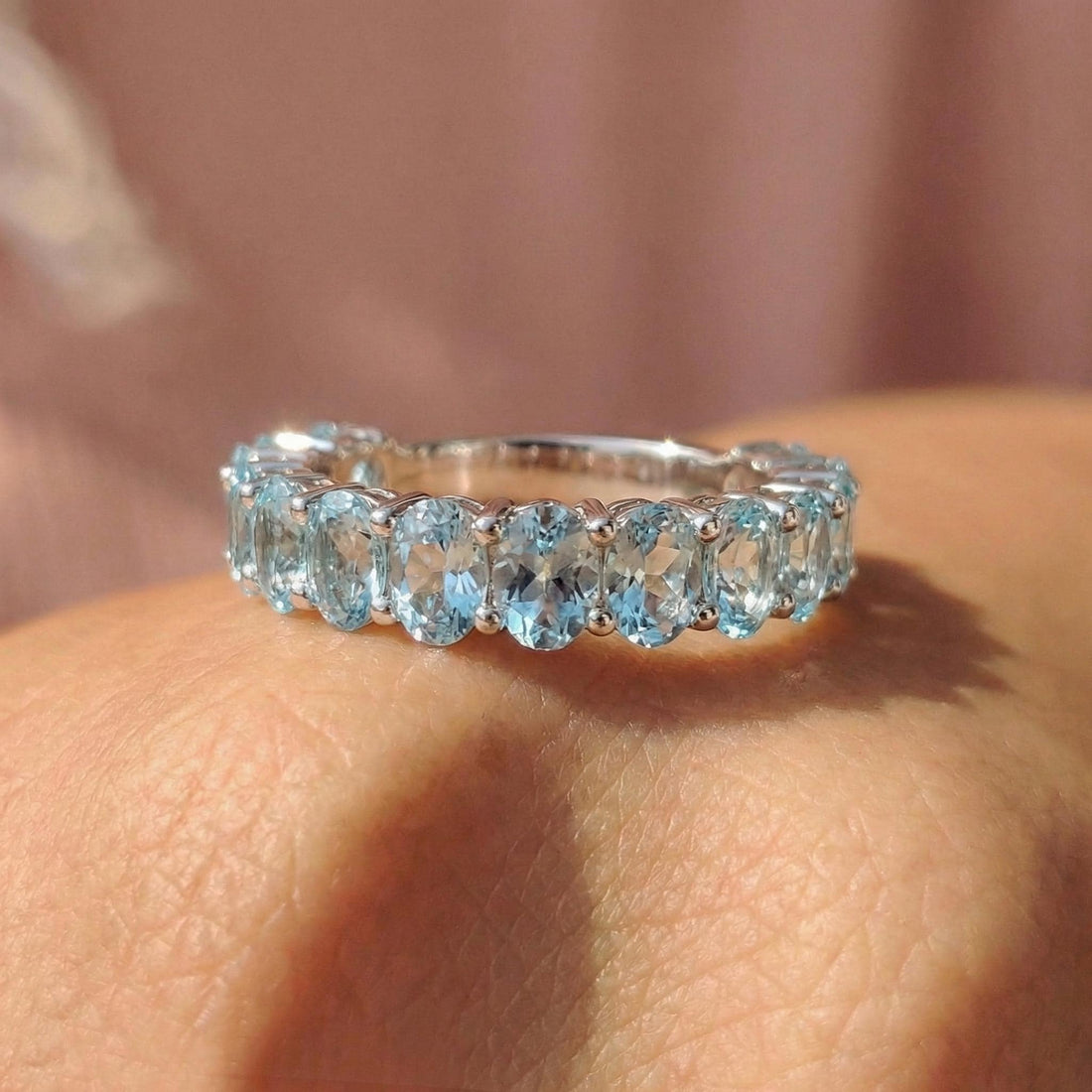 2.1CT Oval Aquamarine Wedding Band, Shared Prong Aquamarine Ring, Almost Eternity Ring, Classic Stackable March Birthstone Band