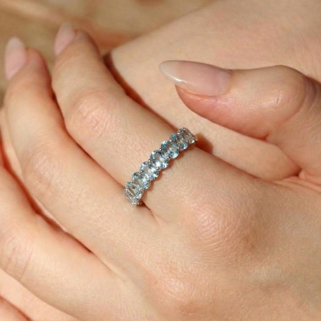 2.1CT Oval Aquamarine Wedding Band, Shared Prong Aquamarine Ring, Almost Eternity Ring, Classic Stackable March Birthstone Band