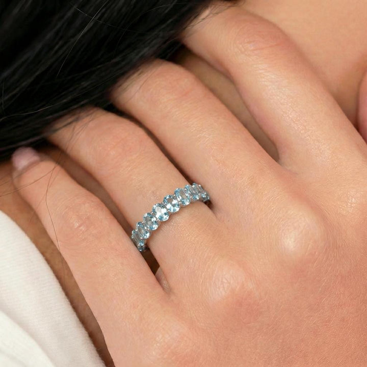 2.1CT Oval Aquamarine Wedding Band, Shared Prong Aquamarine Ring, Almost Eternity Ring, Classic Stackable March Birthstone Band