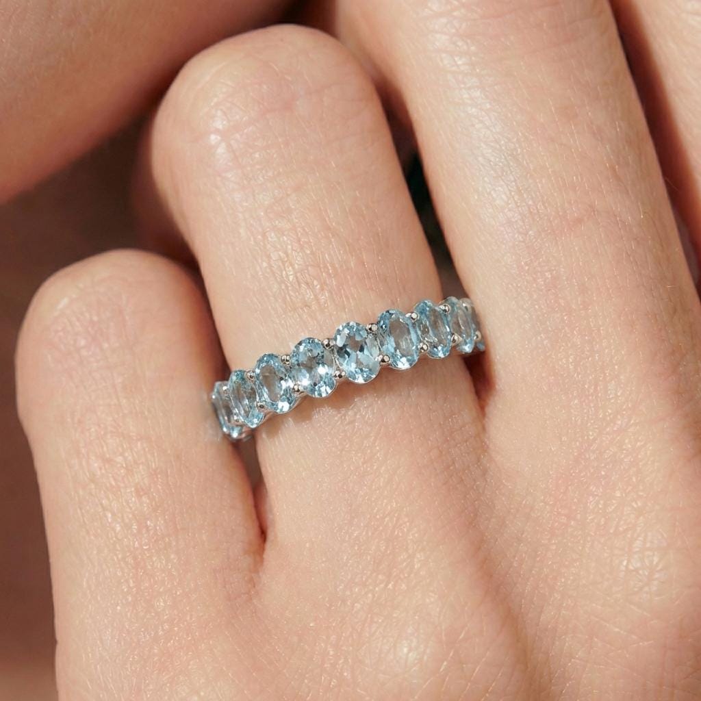 2.1CT Oval Aquamarine Wedding Band, Shared Prong Aquamarine Ring, Almost Eternity Ring, Classic Stackable March Birthstone Band