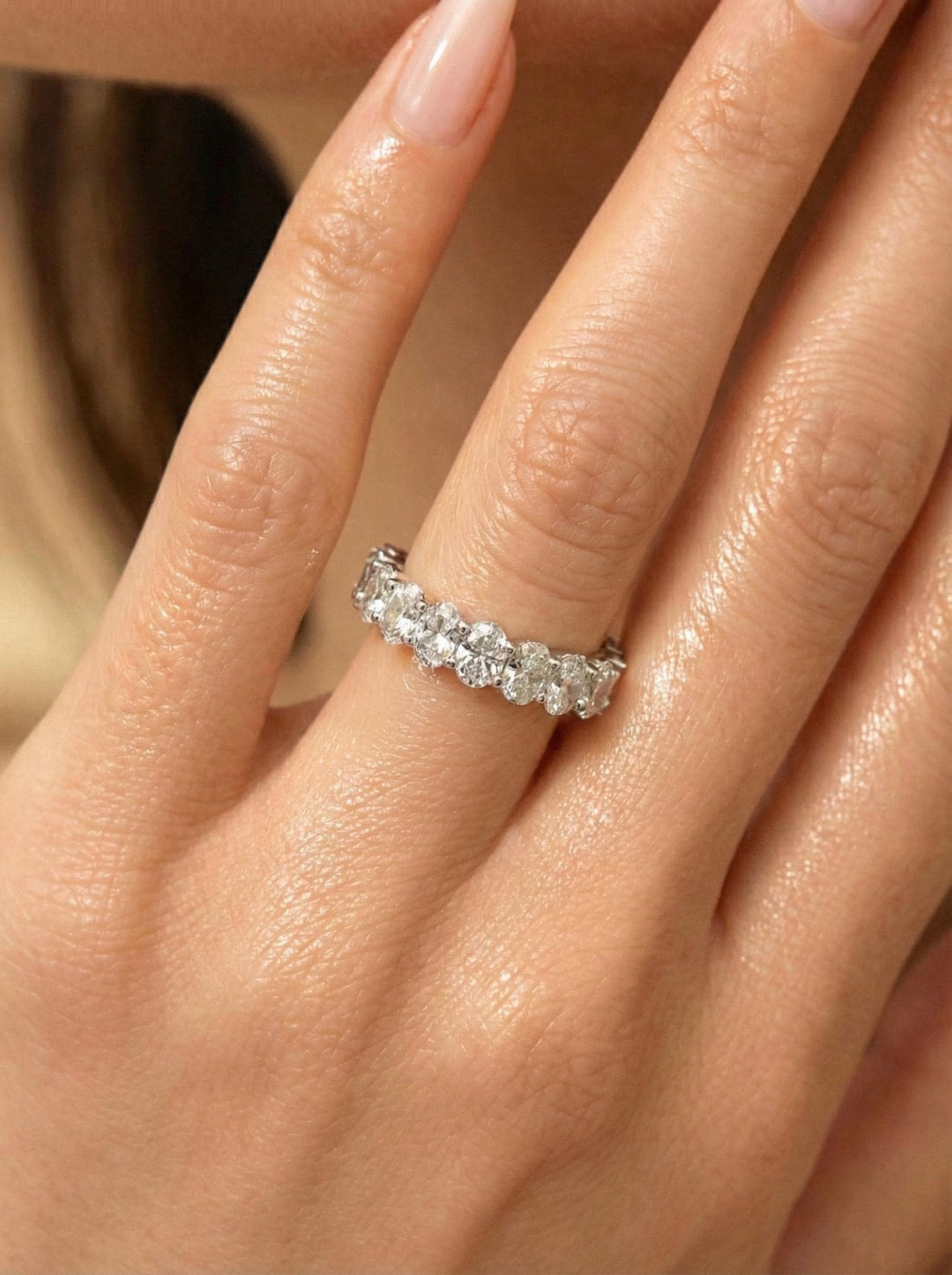 2.1CT Oval Moissanite Wedding Band, Shared Prong Moissanite Ring, Almost Eternity Ring, Classic Stackable April Birthstone Band