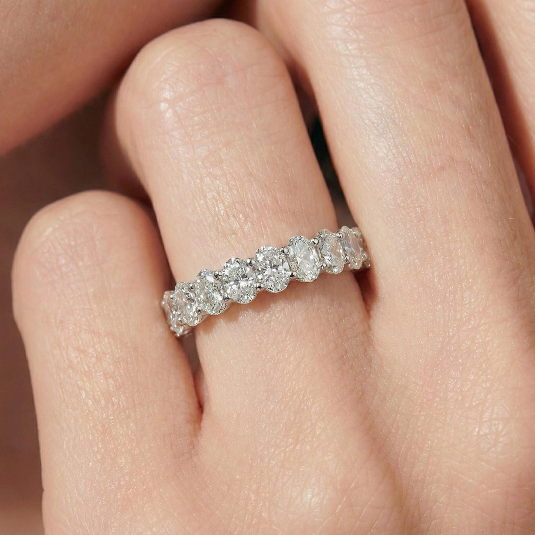 2.1CT Oval Moissanite Wedding Band, Shared Prong Moissanite Ring, Almost Eternity Ring, Classic Stackable April Birthstone Band
