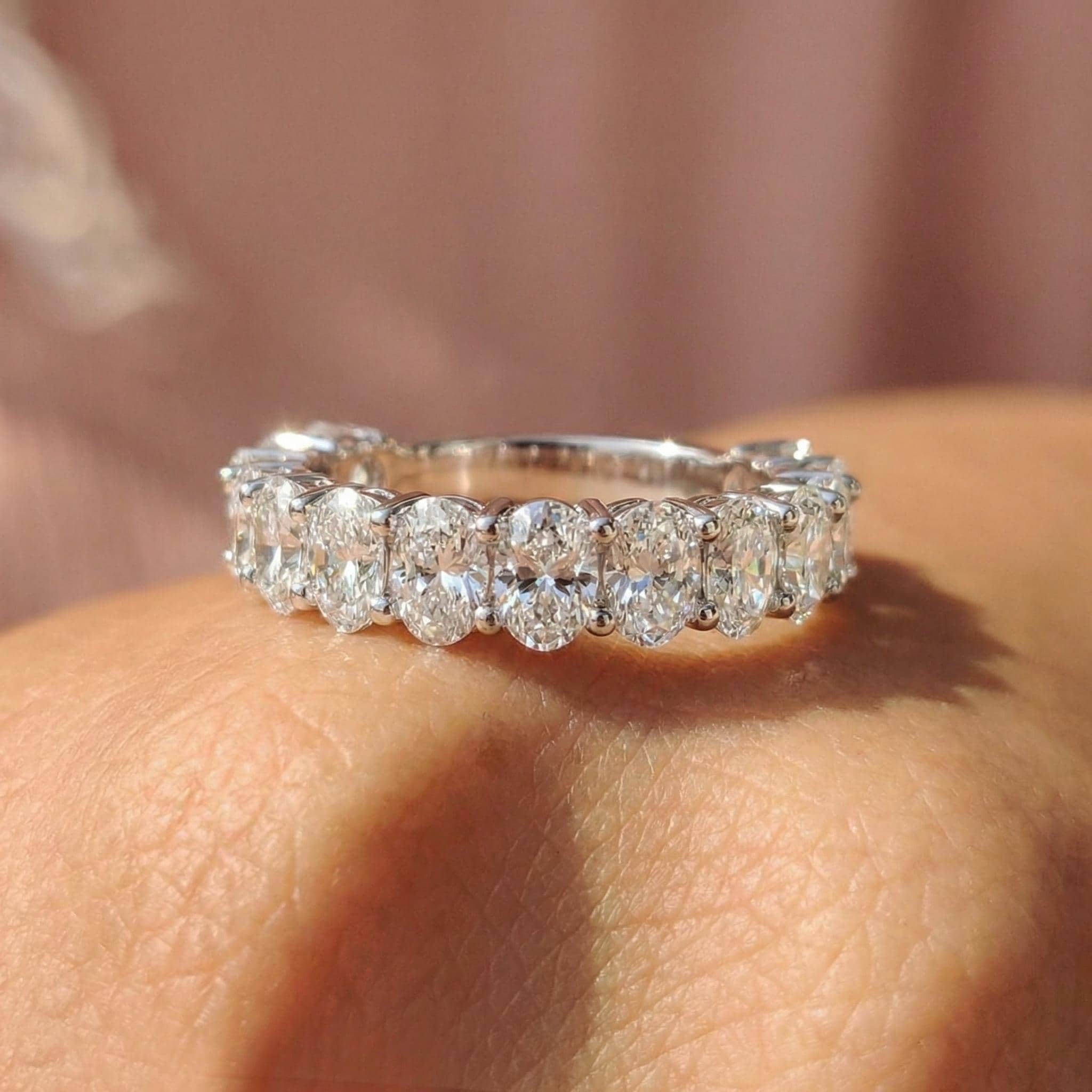 2.1CT Oval Moissanite Wedding Band, Shared Prong Moissanite Ring, Almost Eternity Ring, Classic Stackable April Birthstone Band