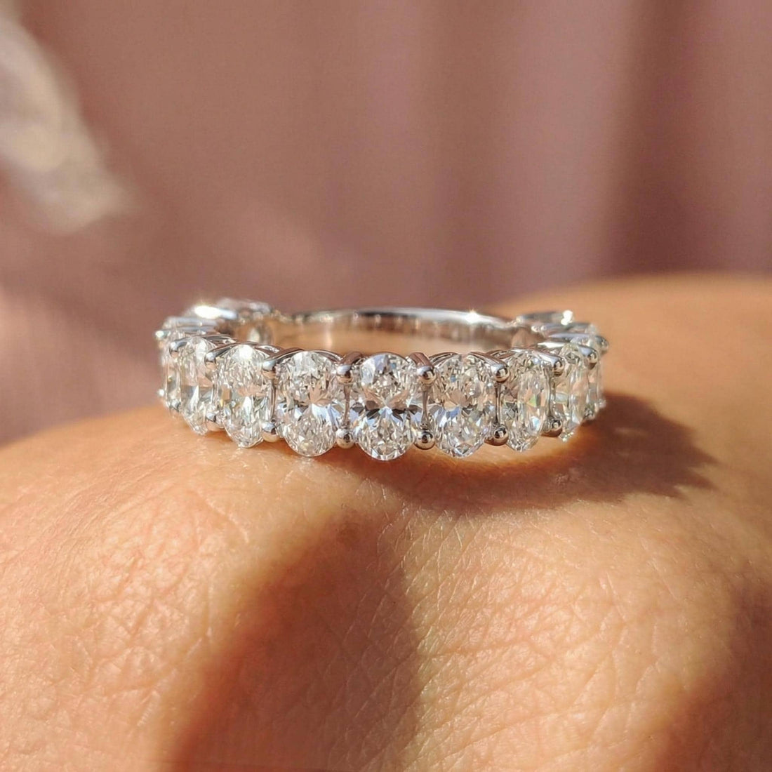 2.1CT Oval Moissanite Wedding Band, Shared Prong Moissanite Ring, Almost Eternity Ring, Classic Stackable April Birthstone Band