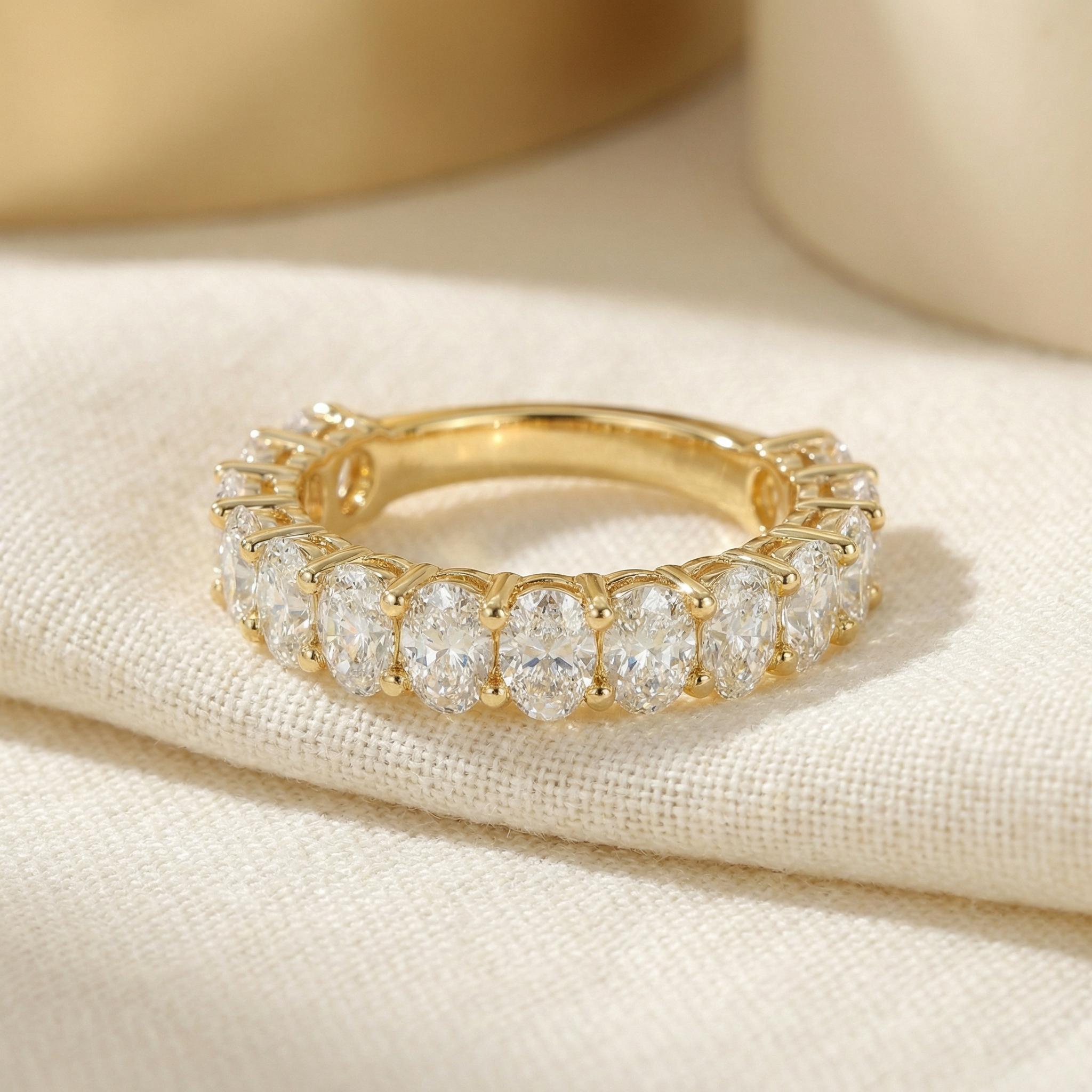2.1CT Oval Moissanite Wedding Band, Shared Prong Moissanite Ring, Almost Eternity Ring, Classic Stackable April Birthstone Band