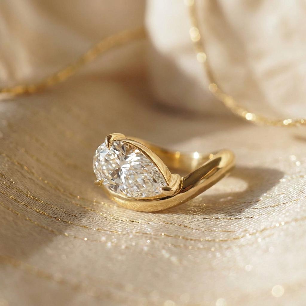 Pear Moissanite East West Pinky Ring, 14K Solid Gold 2CT Pear Moissanite Promise Ring, Tilted Pear Engagement Ring
