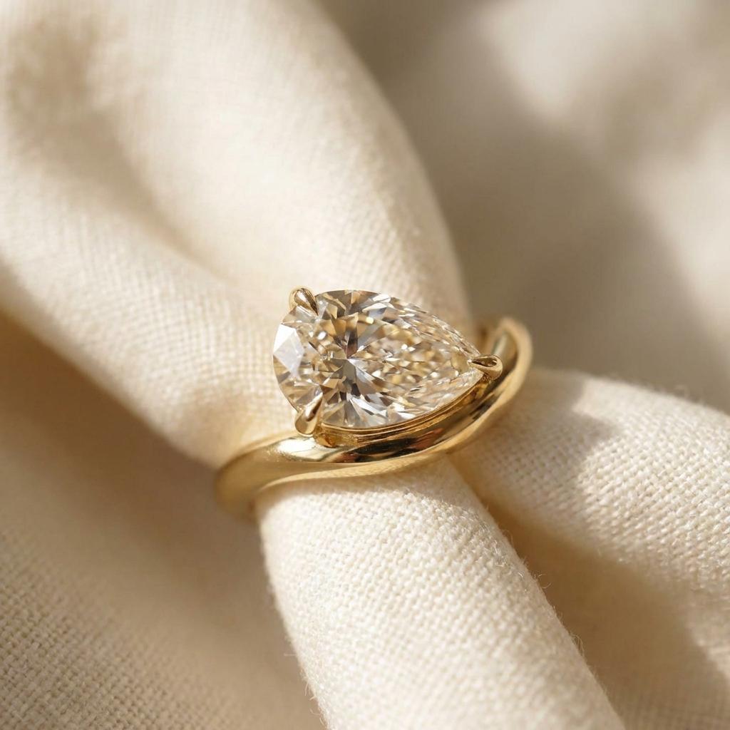 Pear Moissanite East West Pinky Ring, 14K Solid Gold 2CT Pear Moissanite Promise Ring, Tilted Pear Engagement Ring