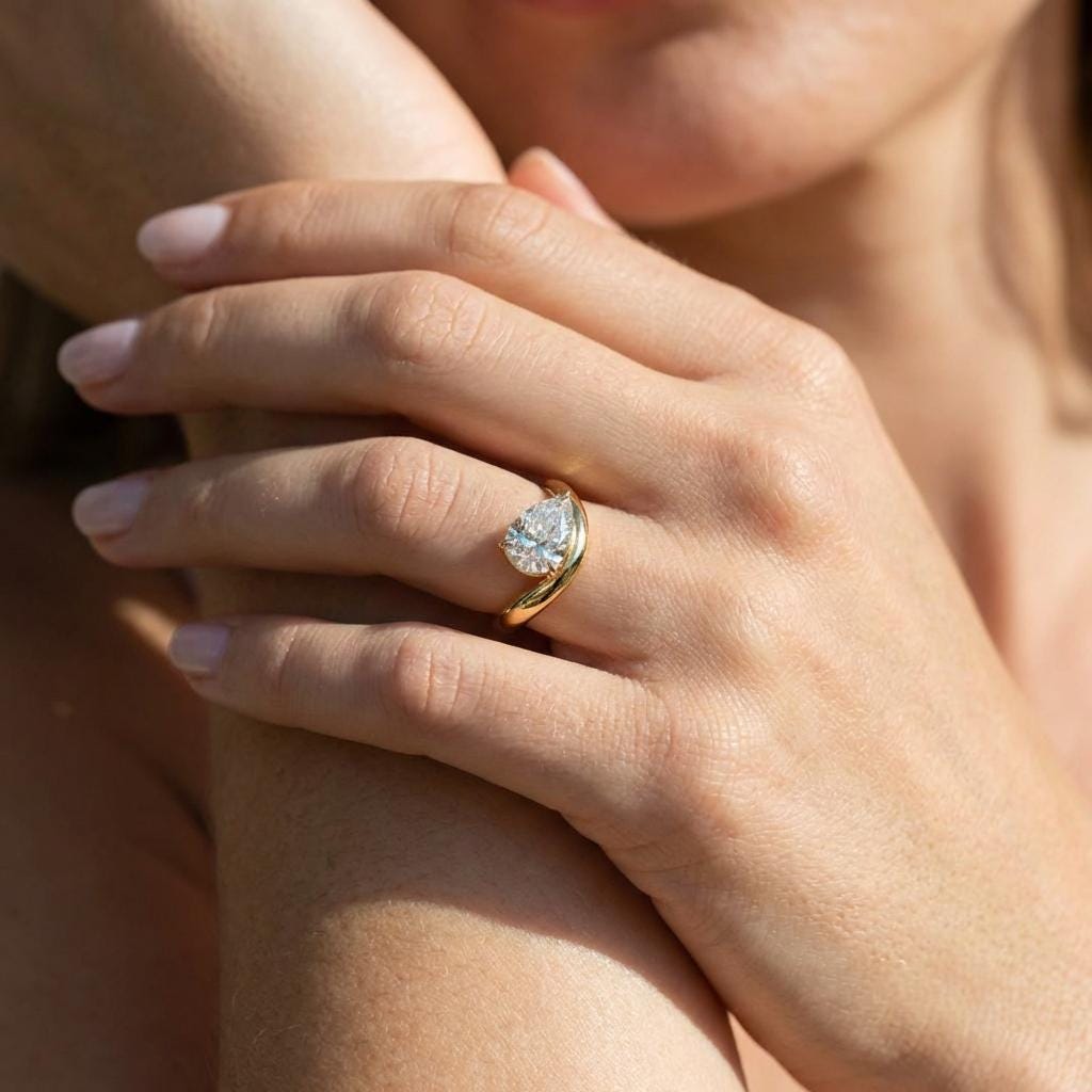 Pear Moissanite East West Pinky Ring, 14K Solid Gold 2CT Pear Moissanite Promise Ring, Tilted Pear Engagement Ring