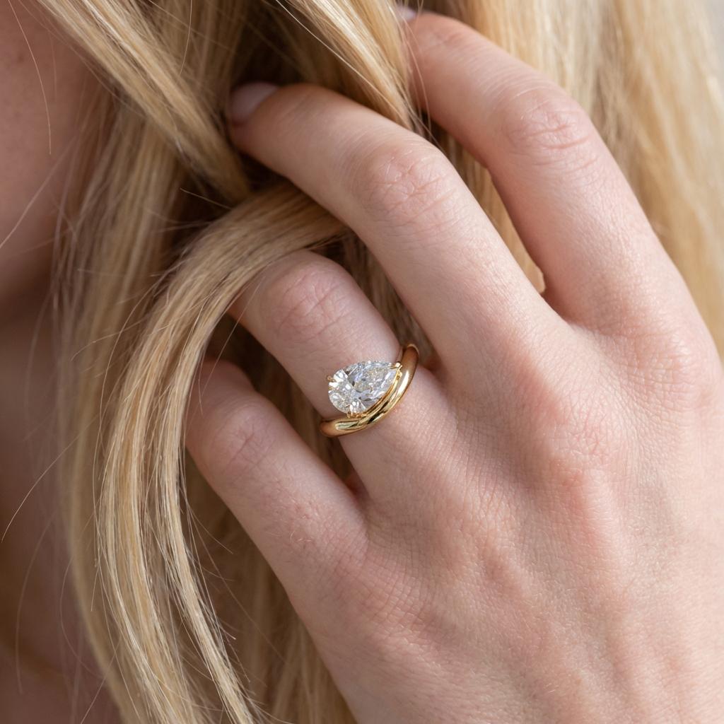 Pear Moissanite East West Pinky Ring, 14K Solid Gold 2CT Pear Moissanite Promise Ring, Tilted Pear Engagement Ring