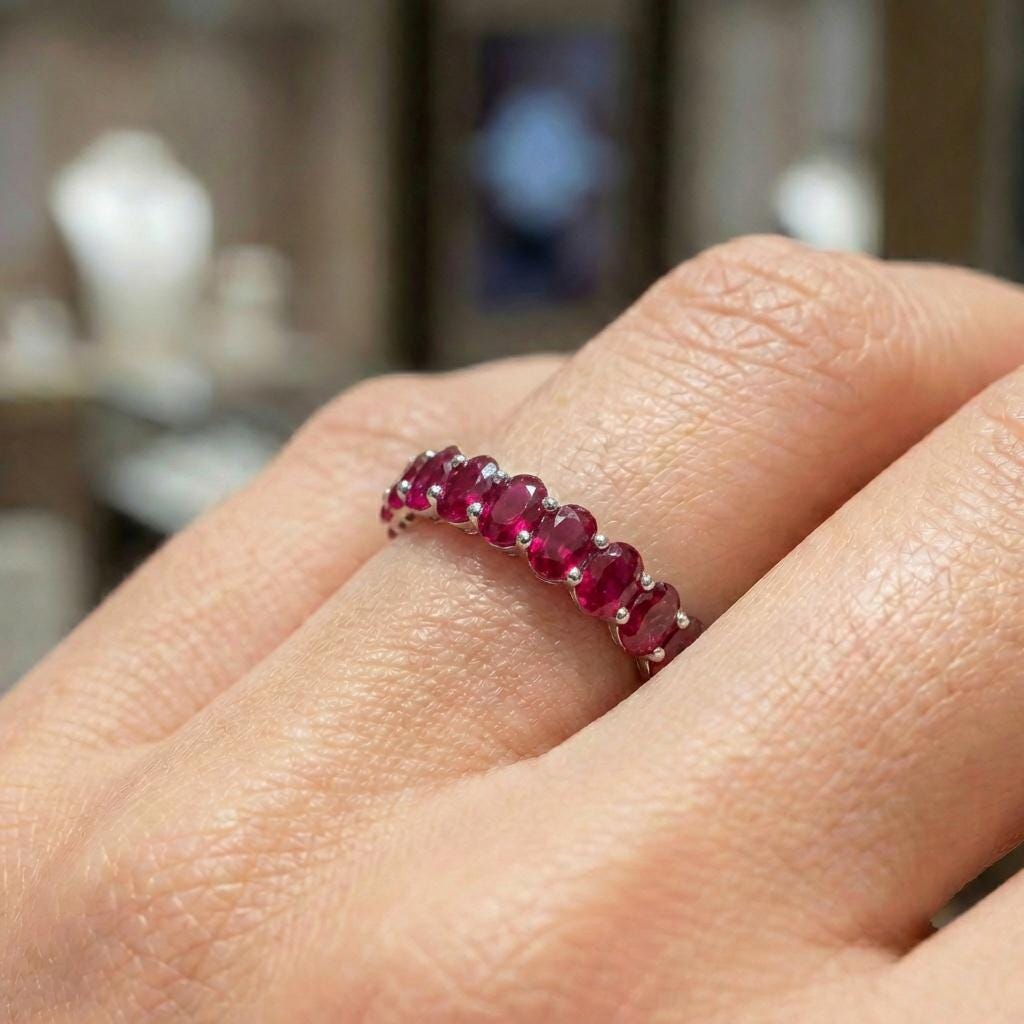 2.1CT Oval Ruby Wedding Band, Shared Prong Ruby Ring, Almost Eternity Ring, Classic Stackable July Birthstone Band