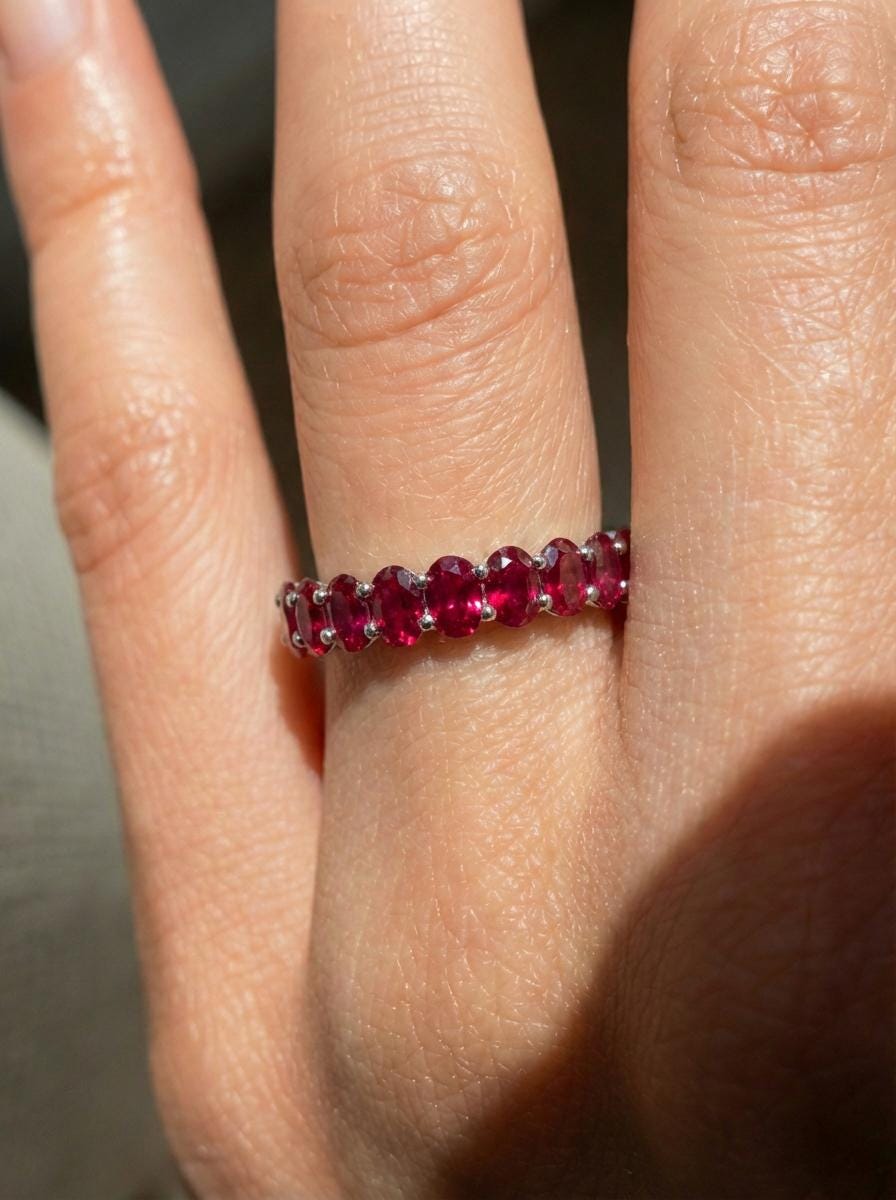 2.1CT Oval Ruby Wedding Band, Shared Prong Ruby Ring, Almost Eternity Ring, Classic Stackable July Birthstone Band