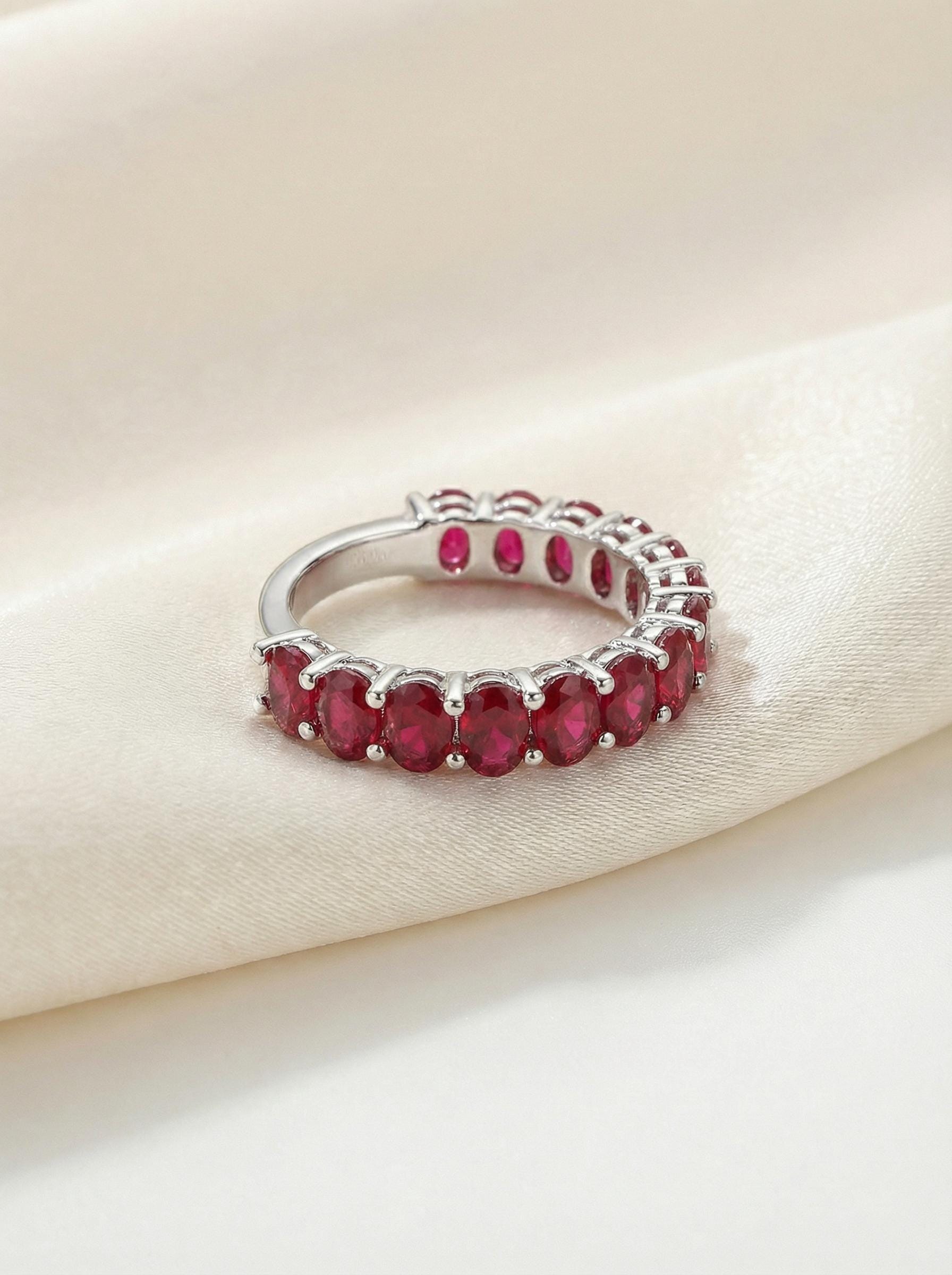 2.1CT Oval Ruby Wedding Band, Shared Prong Ruby Ring, Almost Eternity Ring, Classic Stackable July Birthstone Band