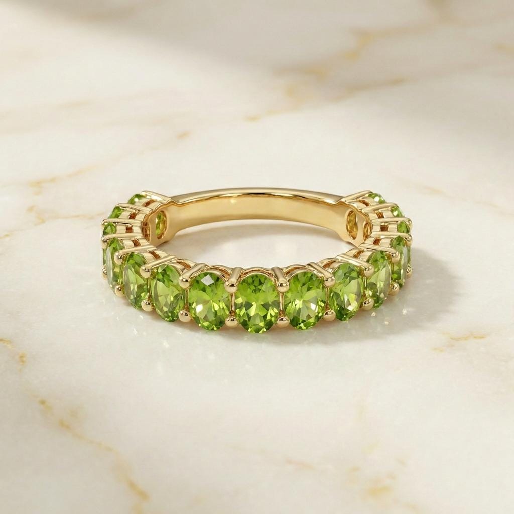 2.1CT Oval Peridot Wedding Band, Shared Prong Peridot Ring, Almost Eternity Ring, Classic Stackable August Birthstone Band
