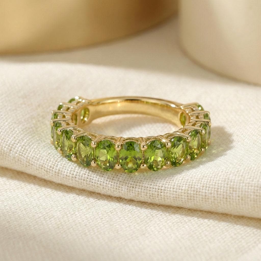 2.1CT Oval Peridot Wedding Band, Shared Prong Peridot Ring, Almost Eternity Ring, Classic Stackable August Birthstone Band