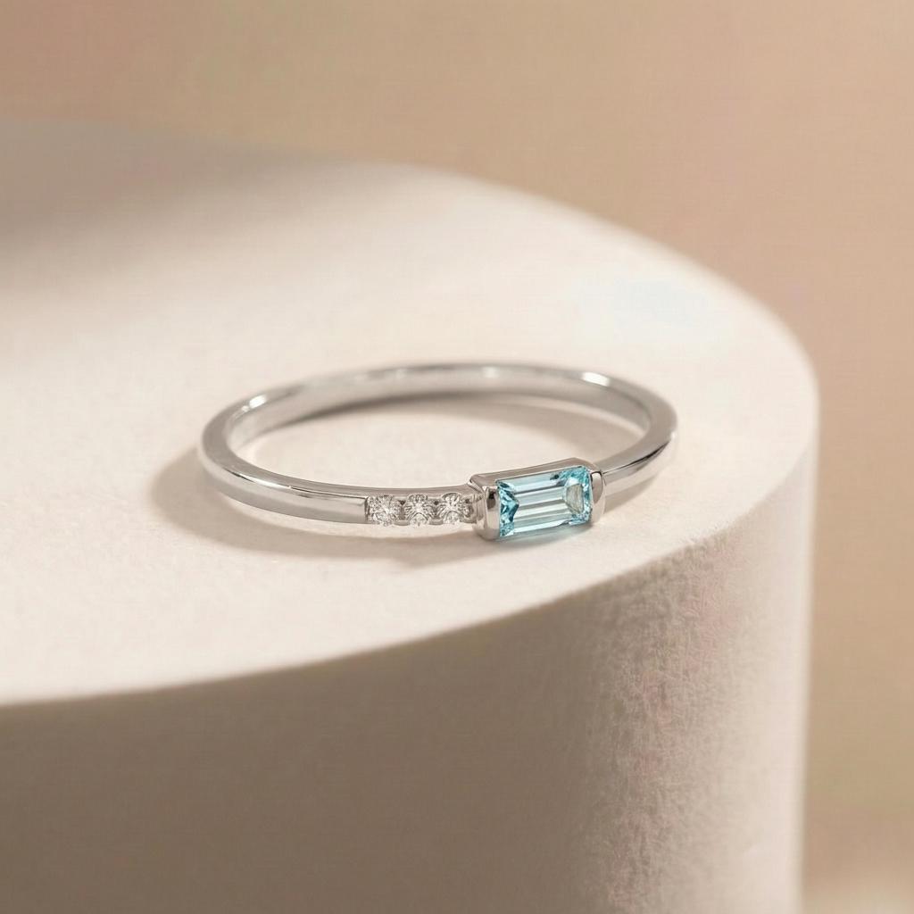 Dainty Baguette Aquamarine Ring, Minimalist March Birthstone Ring, Mother's Day Gift, March Birthday Gift For Wife