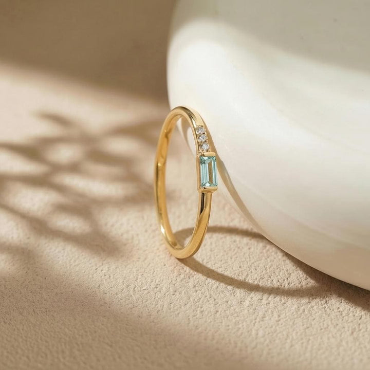 Dainty Baguette Aquamarine Ring, Minimalist March Birthstone Ring, Mother's Day Gift, March Birthday Gift For Wife