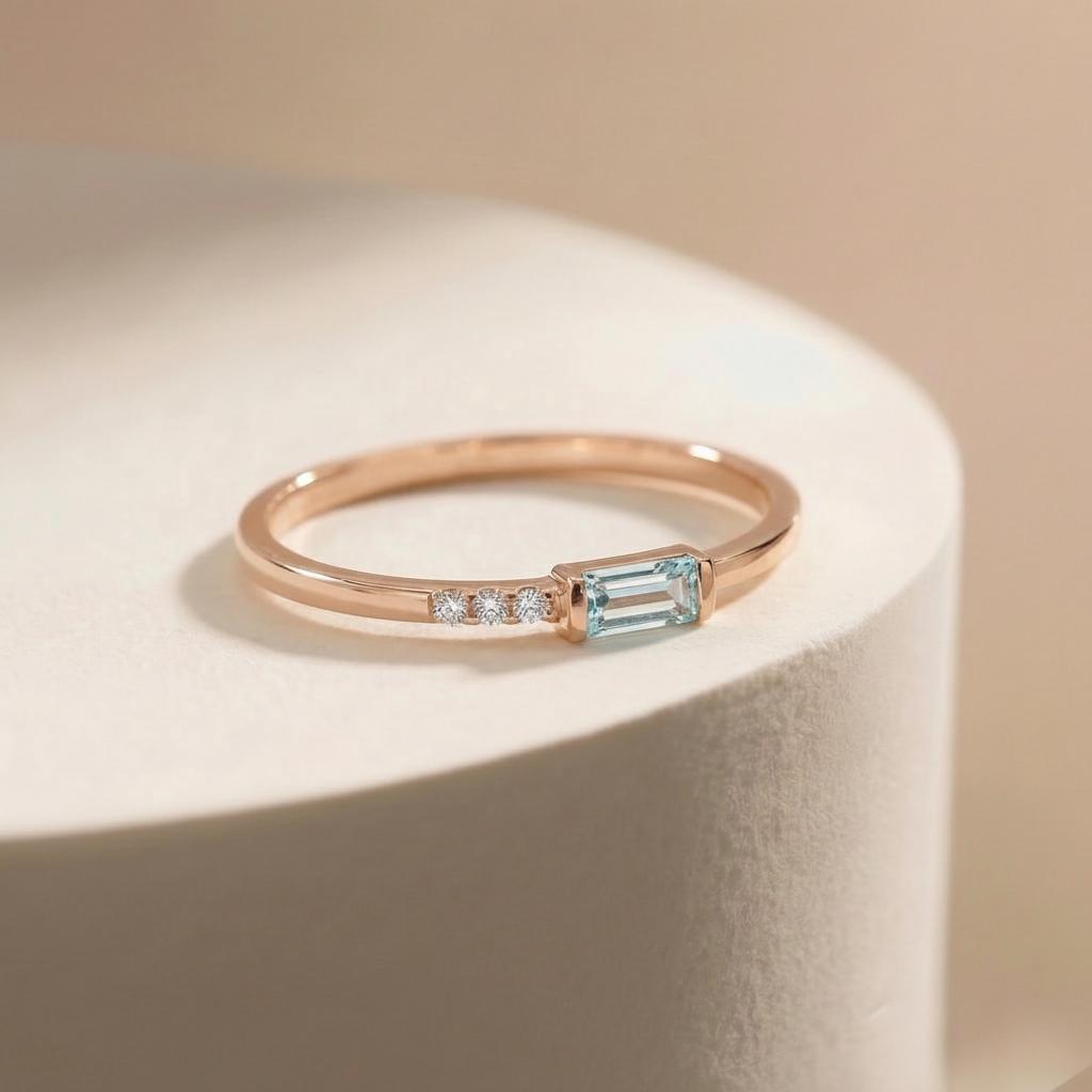 Dainty Baguette Aquamarine Ring, Minimalist March Birthstone Ring, Mother's Day Gift, March Birthday Gift For Wife