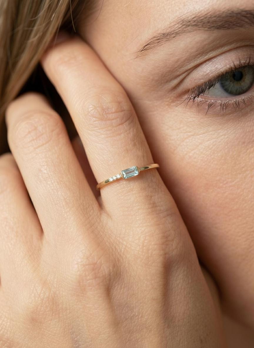 Dainty Baguette Aquamarine Ring, Minimalist March Birthstone Ring, Mother's Day Gift, March Birthday Gift For Wife