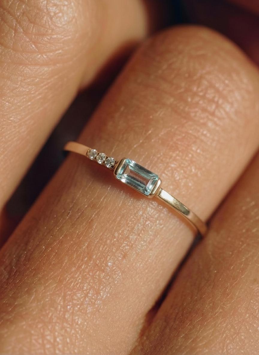 Dainty Baguette Aquamarine Ring, Minimalist March Birthstone Ring, Mother's Day Gift, March Birthday Gift For Wife