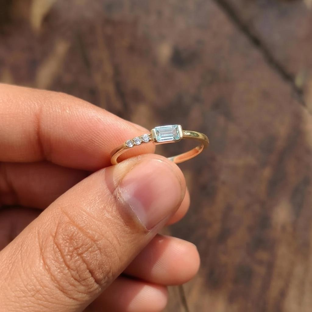 Dainty Baguette Aquamarine Ring, Minimalist March Birthstone Ring, Mother's Day Gift, March Birthday Gift For Wife