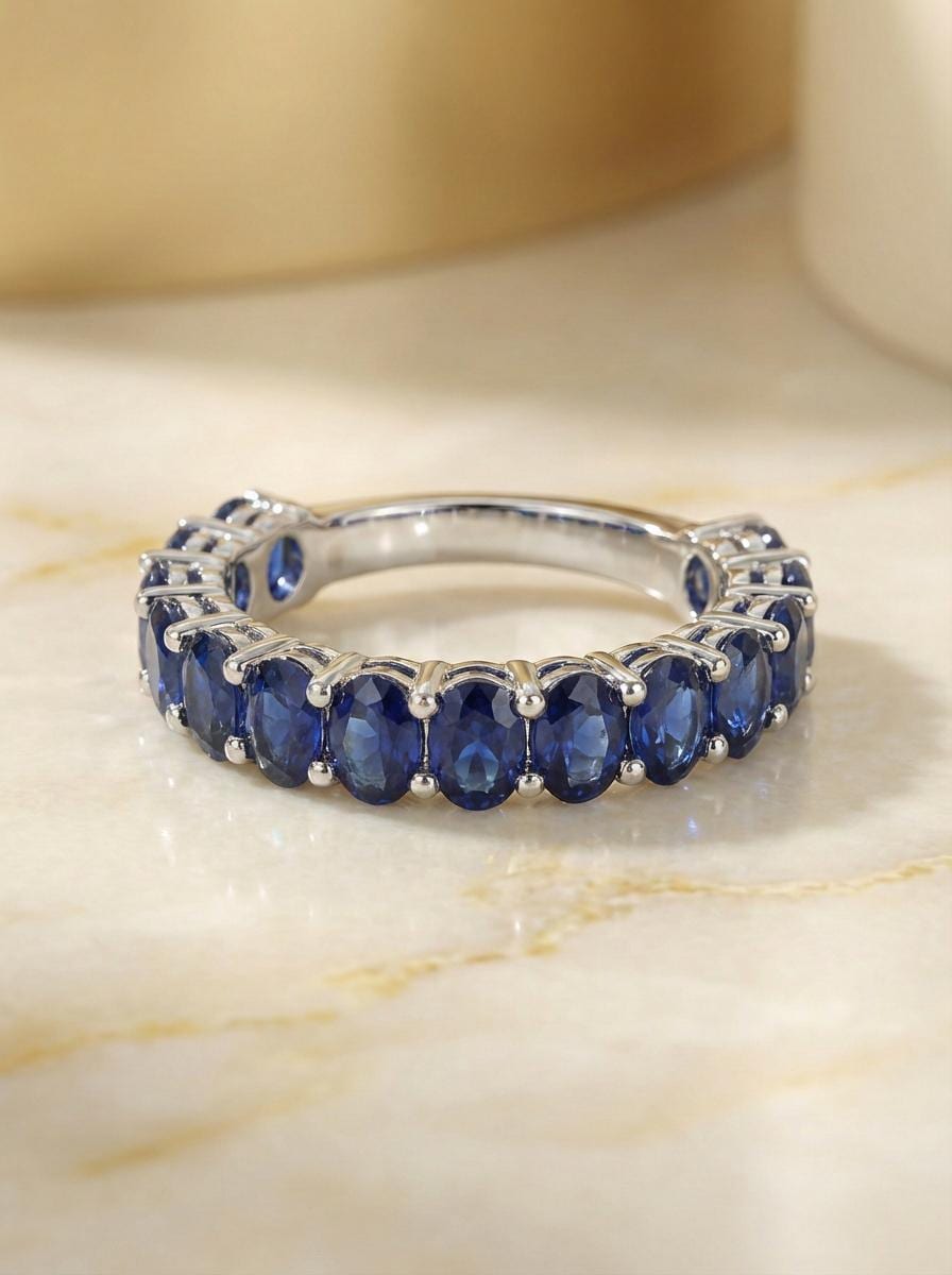 2.1CT Oval Blue Sapphire Wedding Band, Shared Prong Blue Sapphire Ring, Almost Eternity Ring, Classic Stackable September Birthstone Band