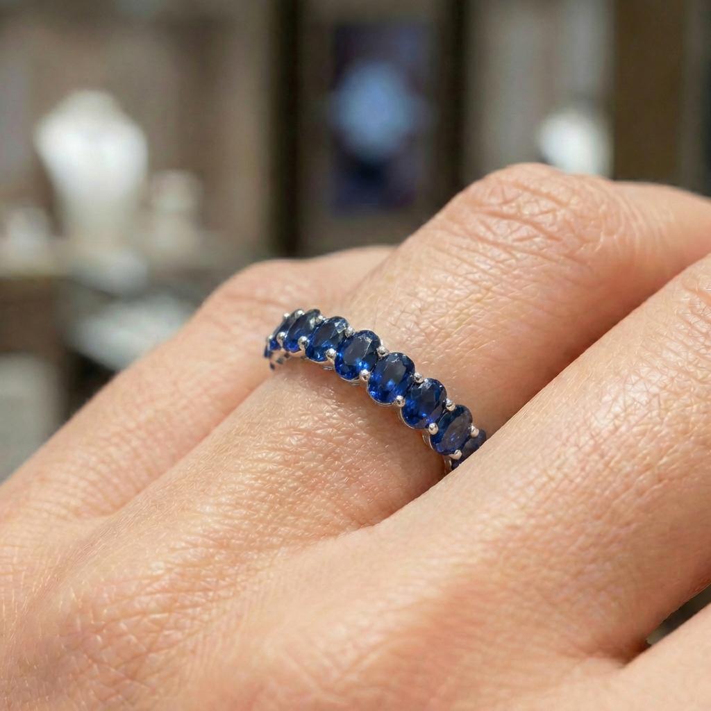 2.1CT Oval Blue Sapphire Wedding Band, Shared Prong Blue Sapphire Ring, Almost Eternity Ring, Classic Stackable September Birthstone Band