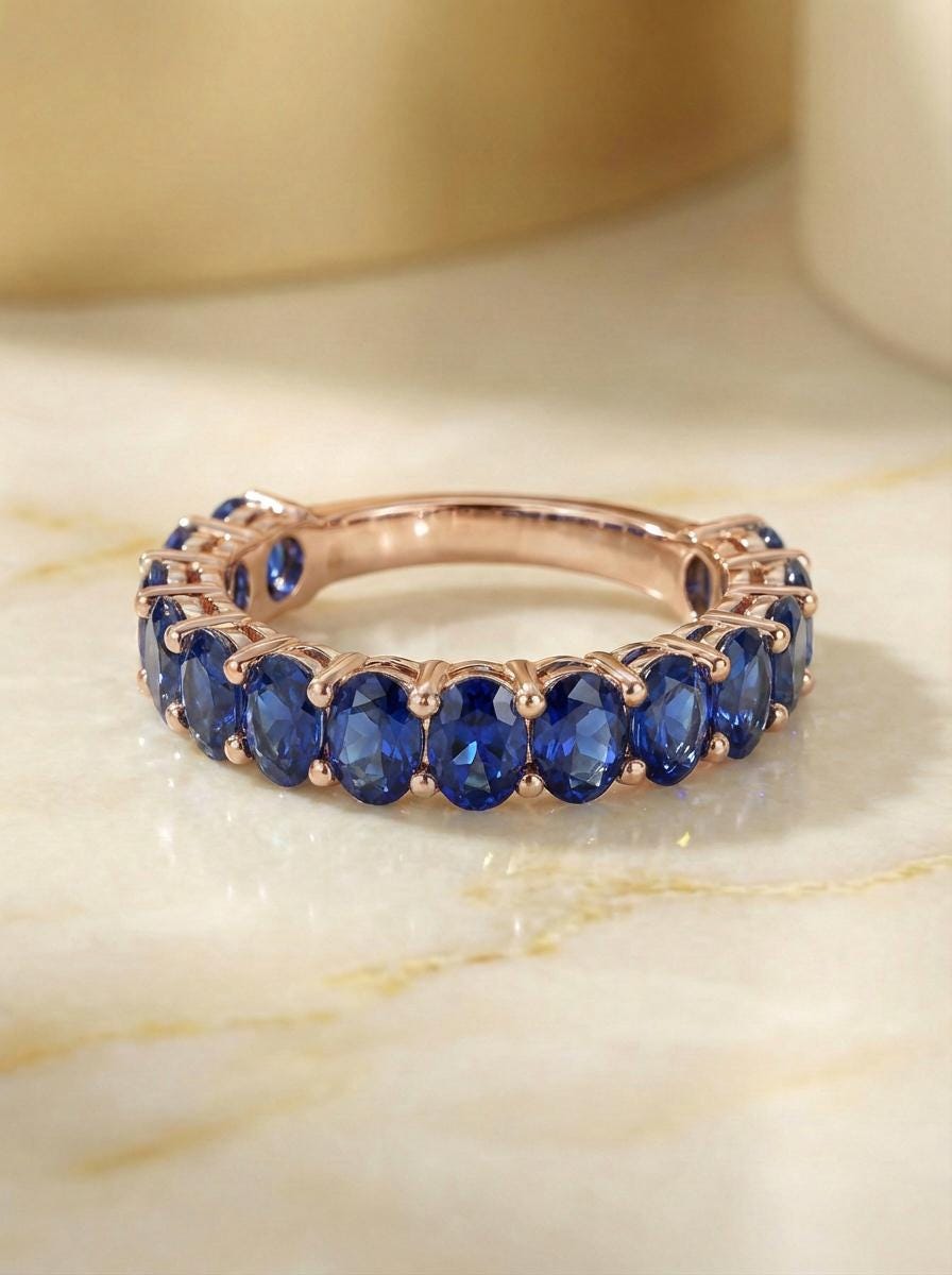 2.1CT Oval Blue Sapphire Wedding Band, Shared Prong Blue Sapphire Ring, Almost Eternity Ring, Classic Stackable September Birthstone Band