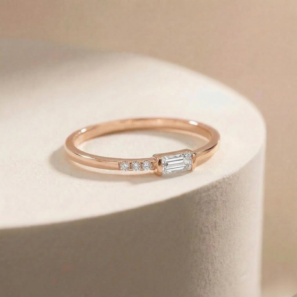 Dainty Baguette Diamond Ring, Minimalist April Birthstone Ring, Personalized Gift for Girlfriend