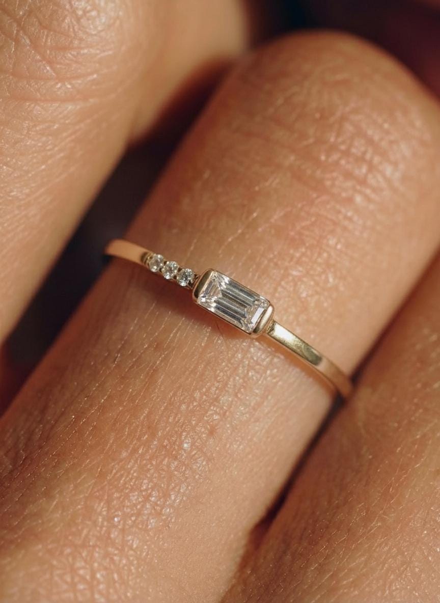 Dainty Baguette Moissanite Ring, Minimalist April Birthstone Ring Push Present Ring Gift for Wife