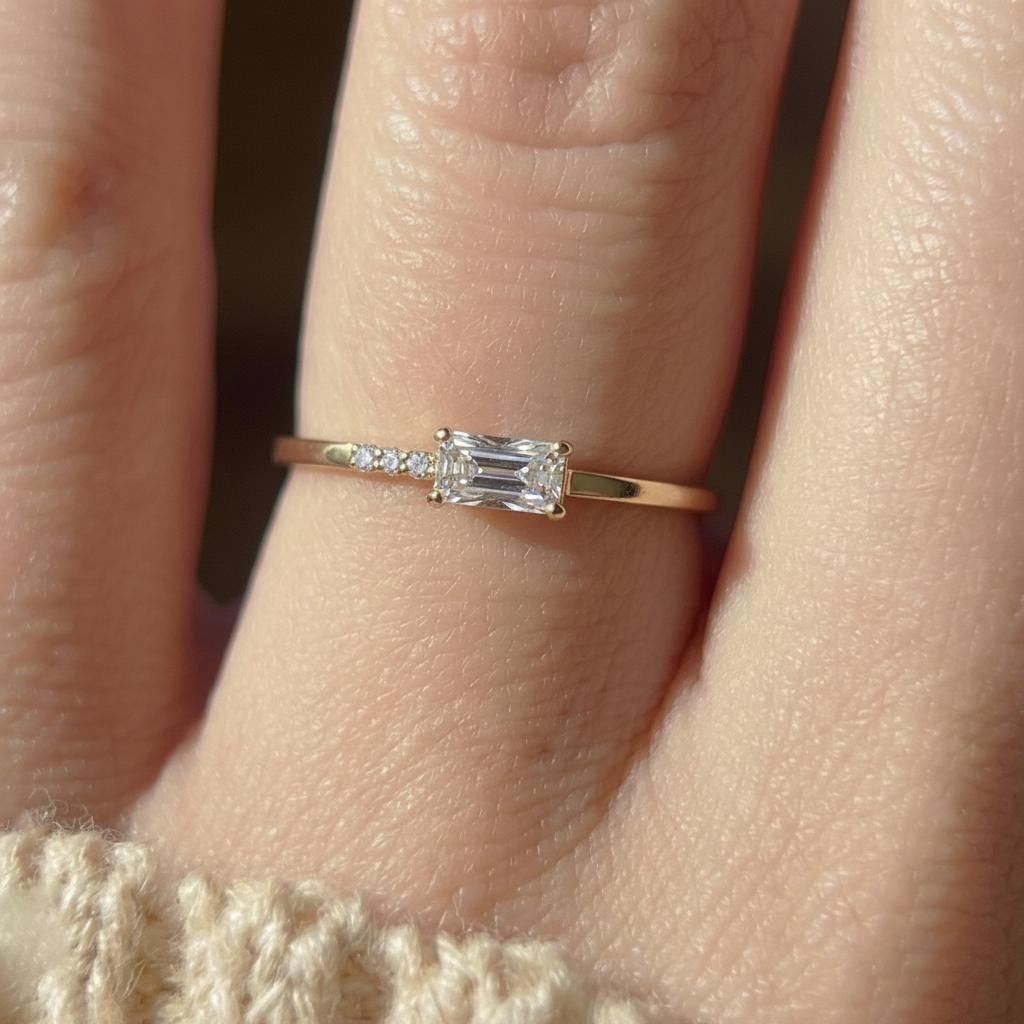 Dainty Baguette Moissanite Ring, Minimalist April Birthstone Ring Push Present Ring Gift for Wife