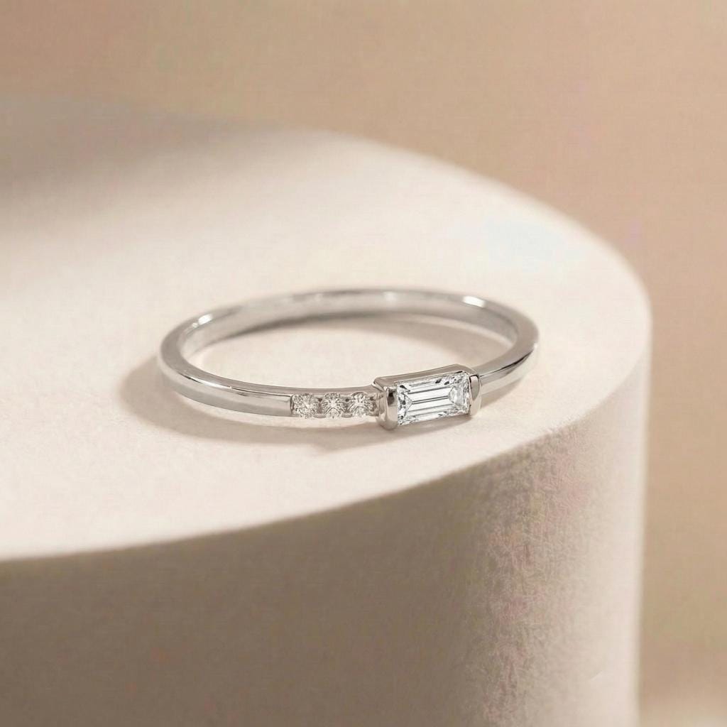 Dainty Baguette Moissanite Ring, Minimalist April Birthstone Ring Push Present Ring Gift for Wife